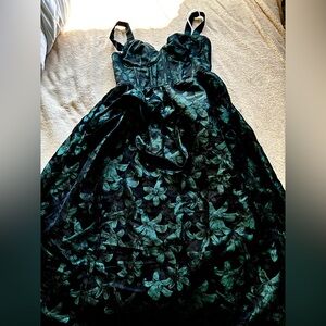 Lulu's Black and Teal Floral Velvet Fit-and-Flare Dress